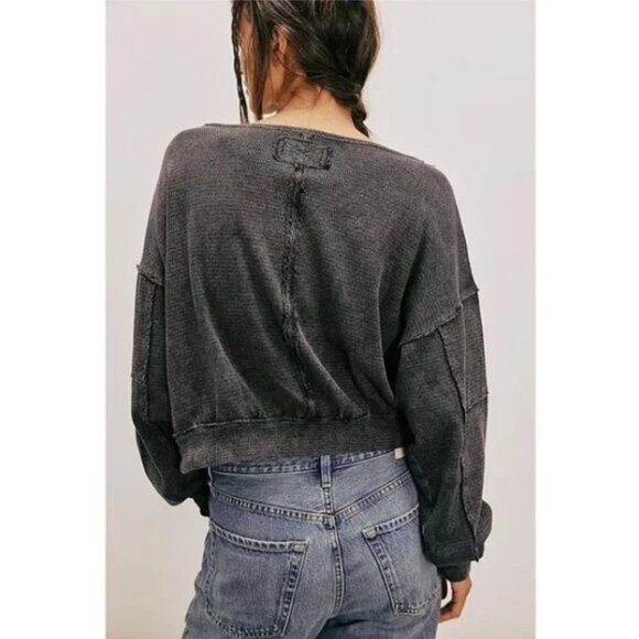 FREE PEOPLE Ife Pullover Sweater Thermal Textured Waffle Knit Crop Exposed Seams - Picture 8 of 16